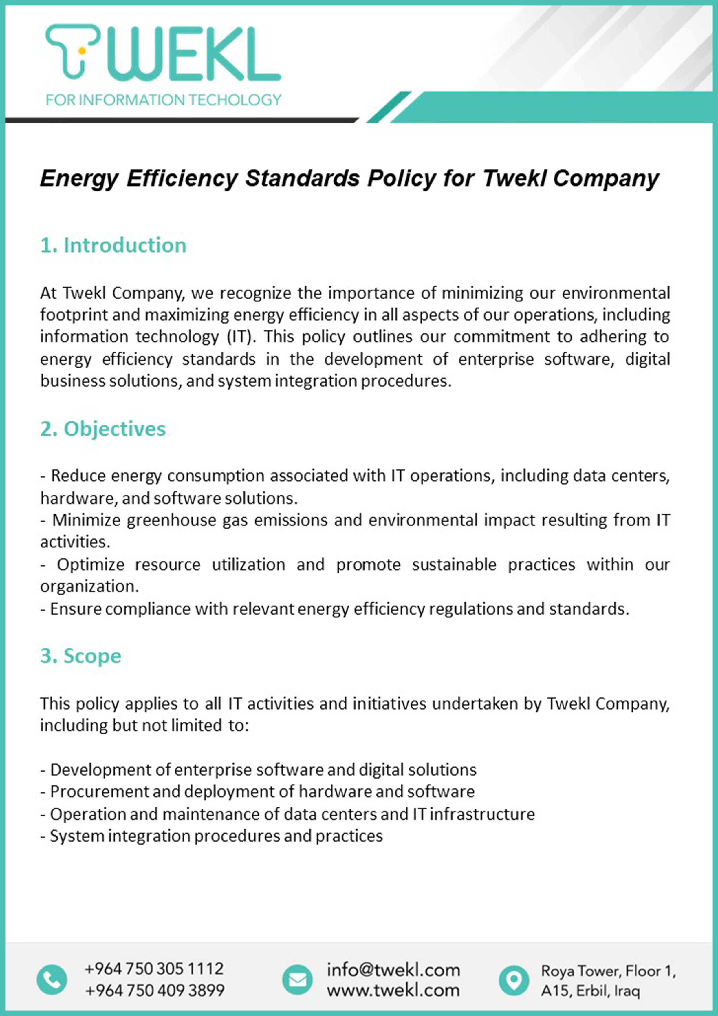 Energy Efficiency Standards Policy for Twekl Company